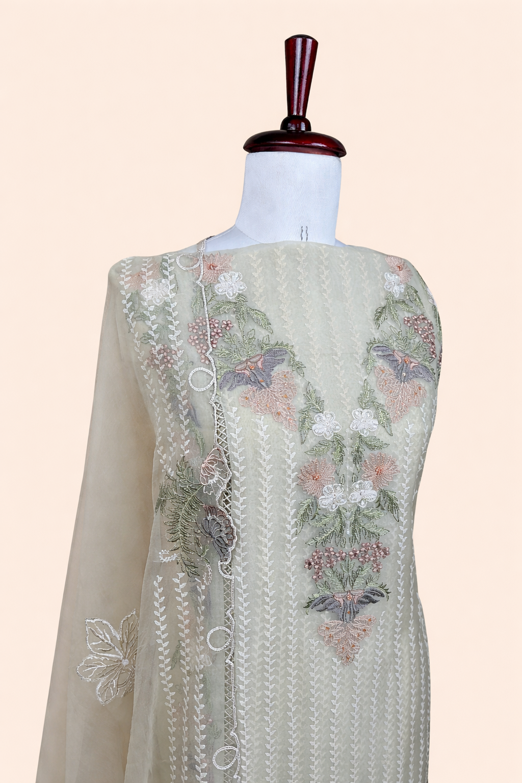 Pure Organza with Printed ,Pearl and Multi colour Thread Floral Embroidery Suit