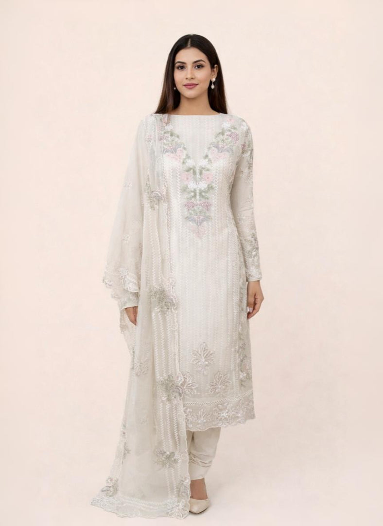 Pure Organza with Printed ,Pearl and Multi colour Thread Floral Embroidery Suit