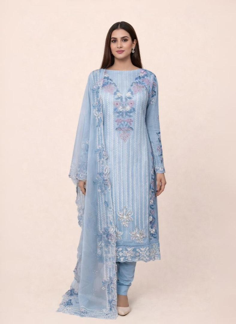 Pure Organza with Printed ,Pearl and Multi colour Thread Floral Embroidery Suit
