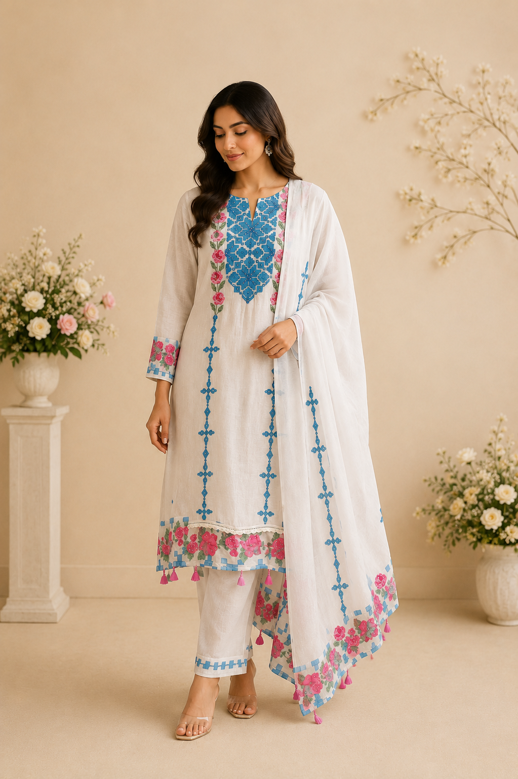 Haya Appliqué Mulmul Chanderi Unstitched Suit