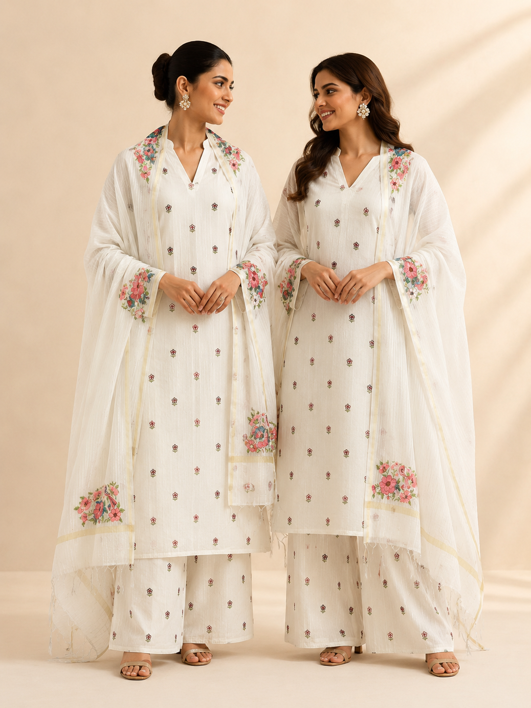 White Mulmul Chanderi with Floral Embroidery Suit