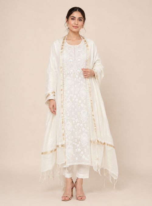 Ivory Noor Chikankari Unstitched Suit