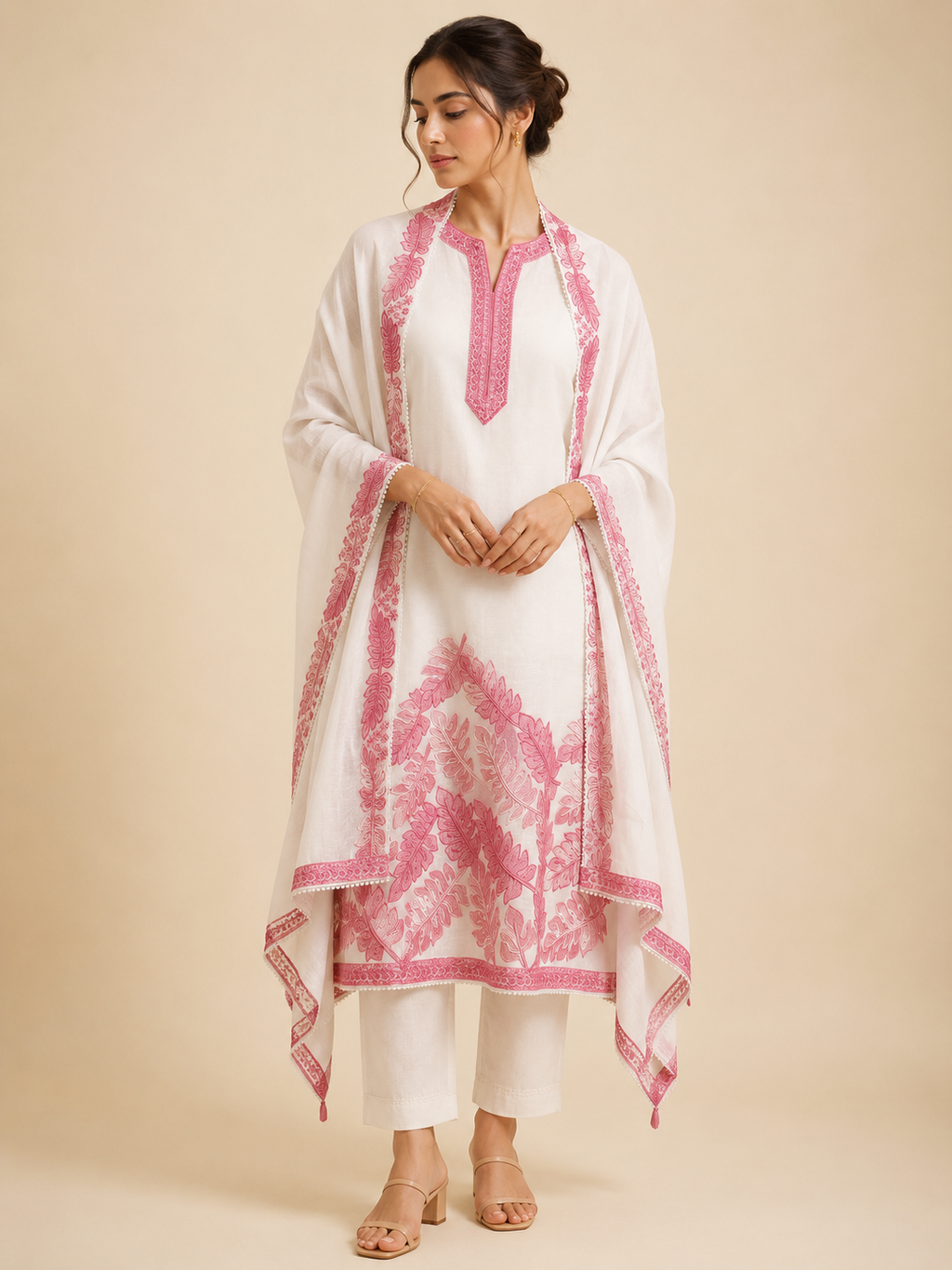 White Mulmul Chanderi suit with soft leaves patchwork embroidery