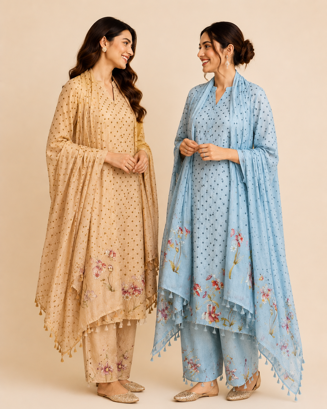 Pure Mulmul Chanderi Floral Printed Suit with Tassels