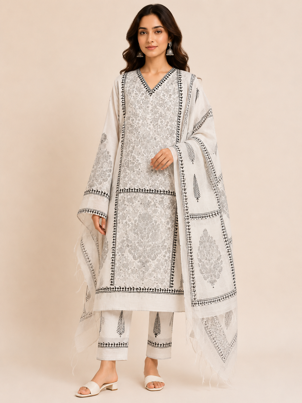 Ivory Chanderi Handblock Unstitched Suit