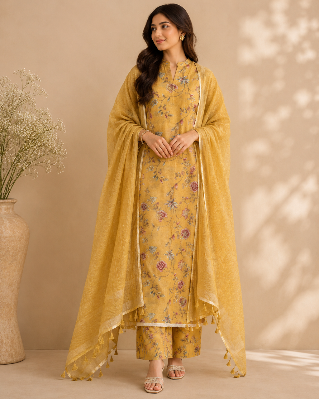 Floral Muslin stripes Unstitched suit with laces