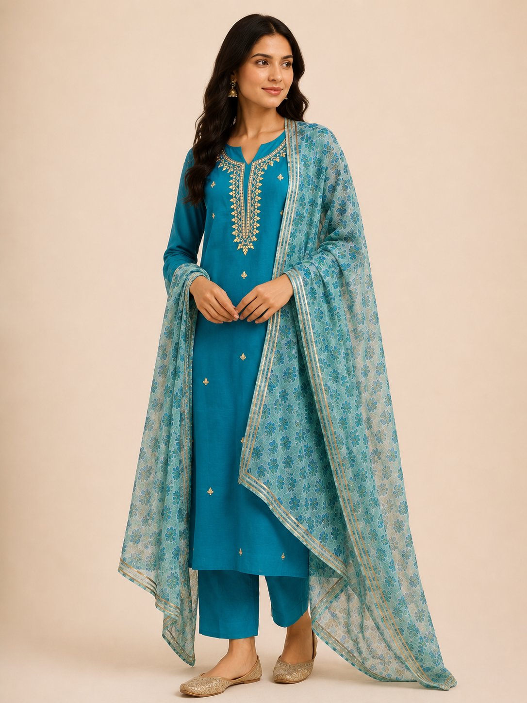 Sky Blue Pure Chanderi with Gota Patti ,Dori and Pearl Hand Embroidery Suit
