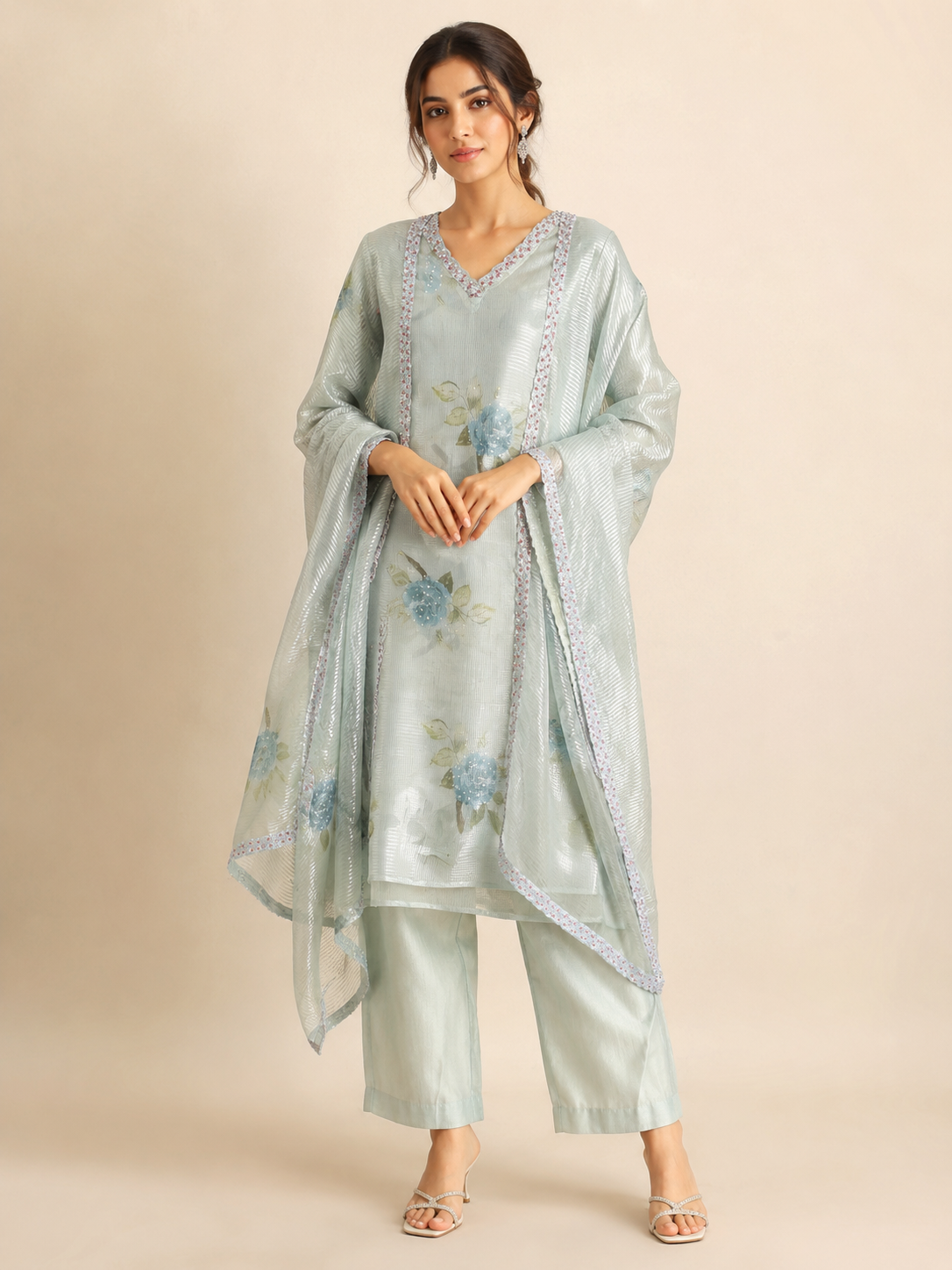Crinkled Printed Pure Tissue with Sequence Embroidery Suit