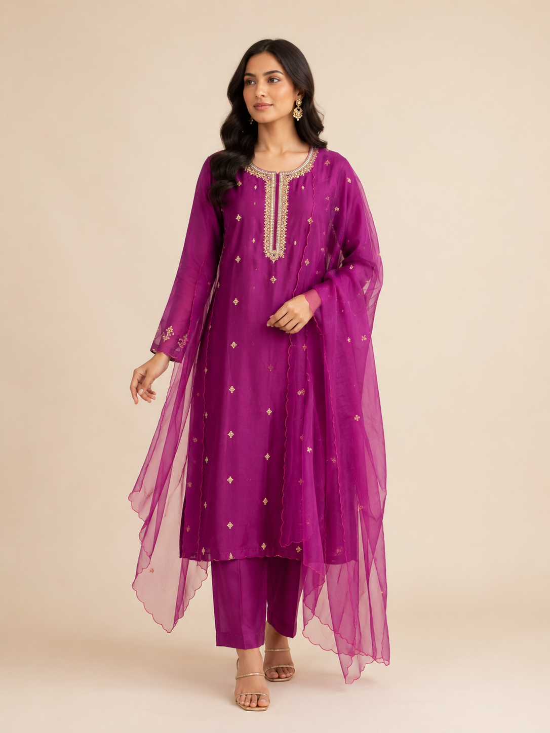 Wine Marori Unstitched Suit with Organza Dupatta