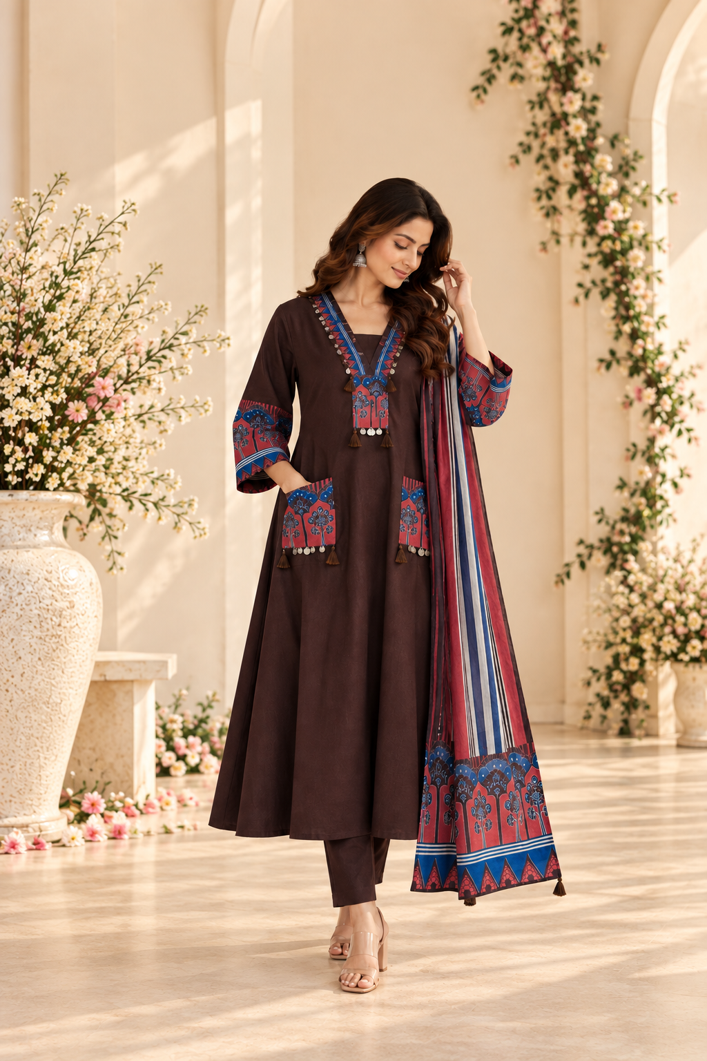 A woman models a dark brown three-piece traditional outfit with colorful embroidered details on the neckline, cuffs, and pockets, paired with a matching patterned dupatta in a sunlit architectural setting.
