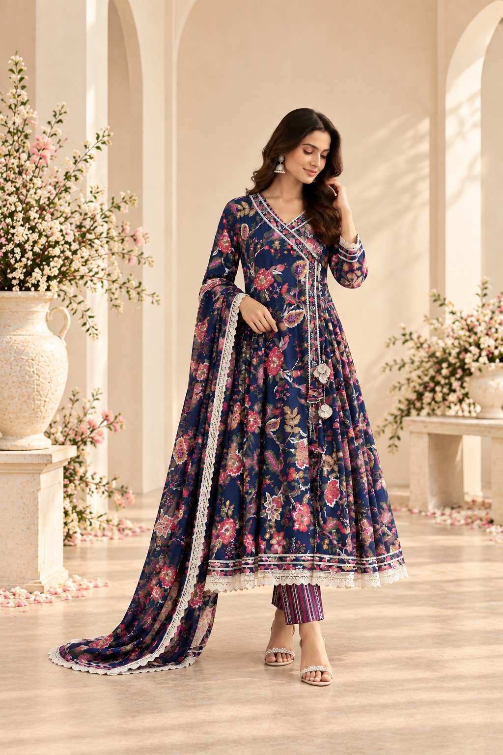 A woman models a navy blue floral print Anarkali kurta set with a matching dupatta in a beautifully decorated indoor courtyard setting with arches and potted flowers.
