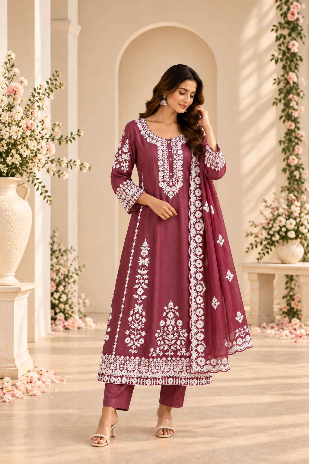 A woman models a three-piece Indian ethnic salwar kameez set in a warm, elegant indoor setting. The set features a deep maroon (burgundy) kurta and matching trousers with intricate white embroidery, paired with a matching dupatta.