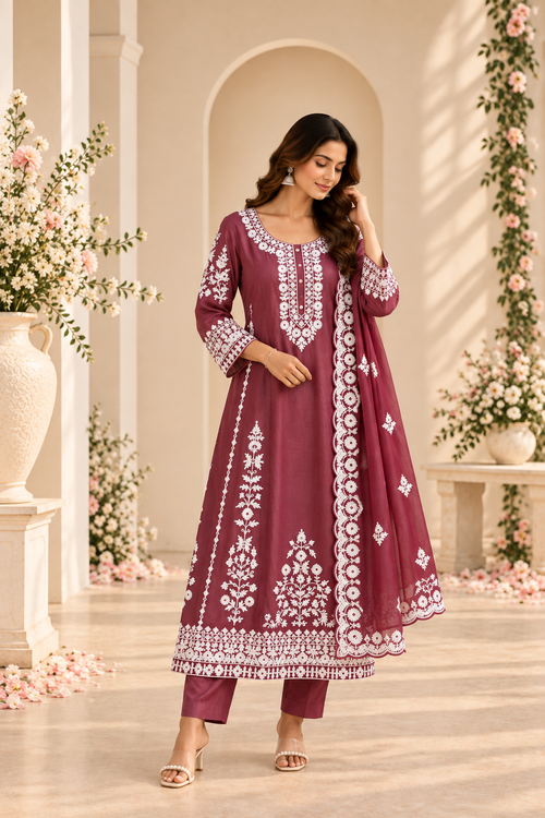 A woman models a three-piece Indian ethnic salwar kameez set in a warm, elegant indoor setting. The set features a deep maroon (burgundy) kurta and matching trousers with intricate white embroidery, paired with a matching dupatta.