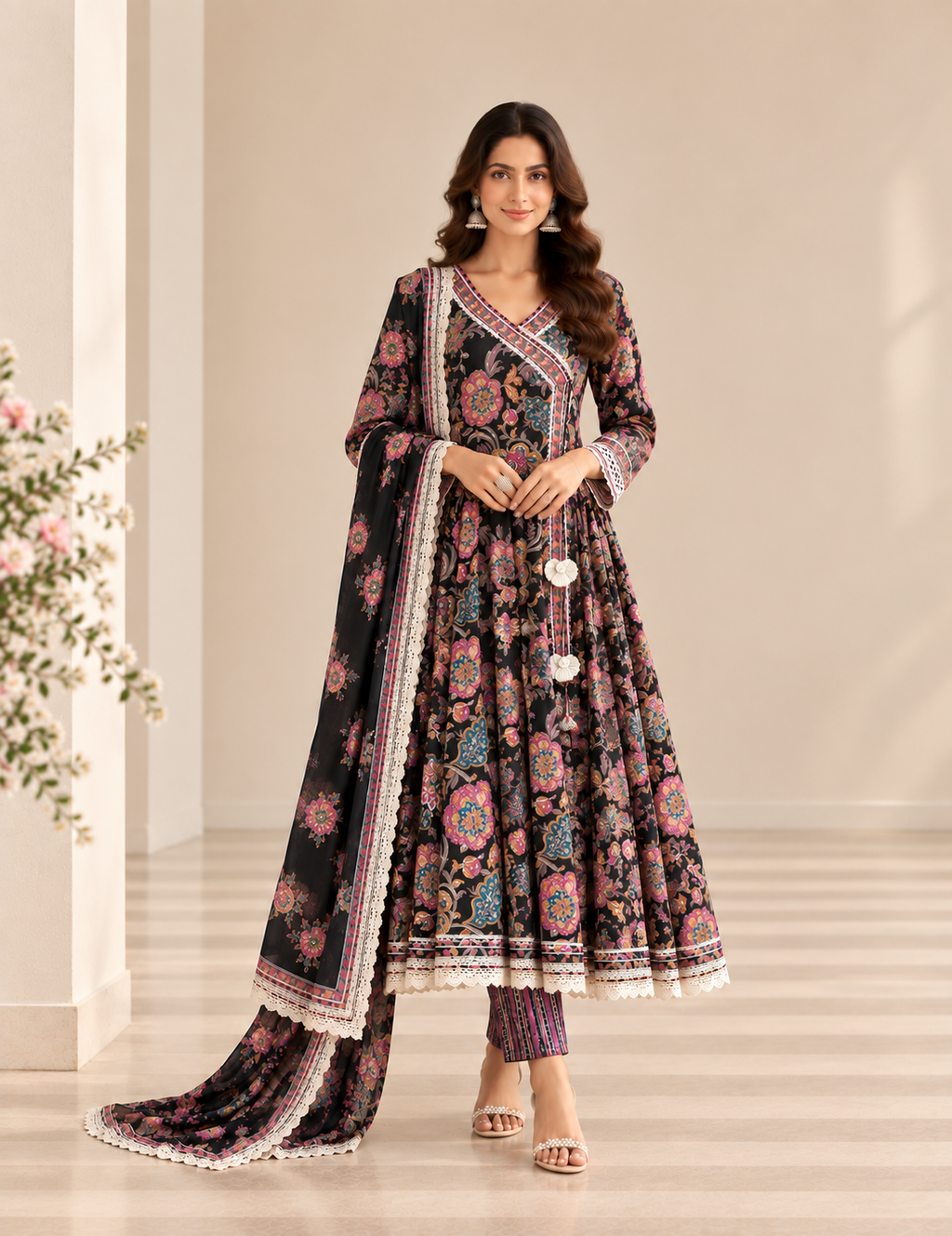 A woman models a black printed Anarkali gown with a matching dupatta and striped pants in a bright indoor setting. The outfit features intricate floral patterns in pink, blue, and orange, with white lace borders and tassel details.