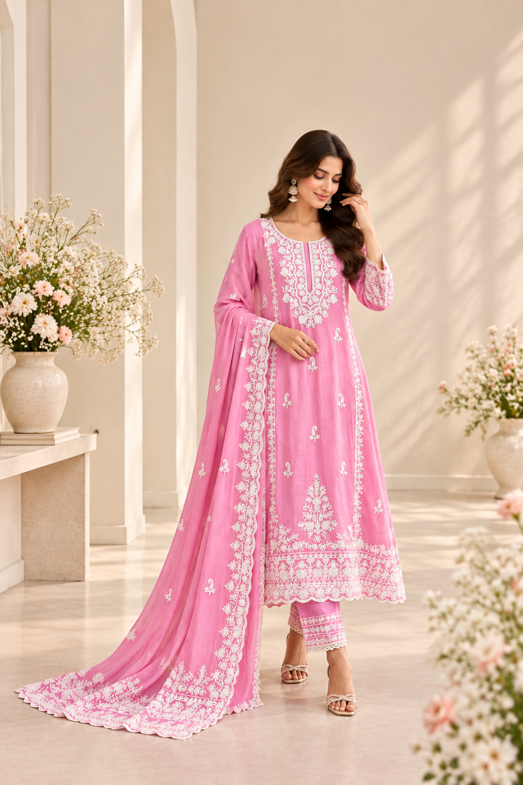 A woman models a pink traditional Indian salwar kameez suit with white embroidery, featuring a long kurta, matching trousers, and a dupatta, set against a warm, elegant interior background with floral arrangements.