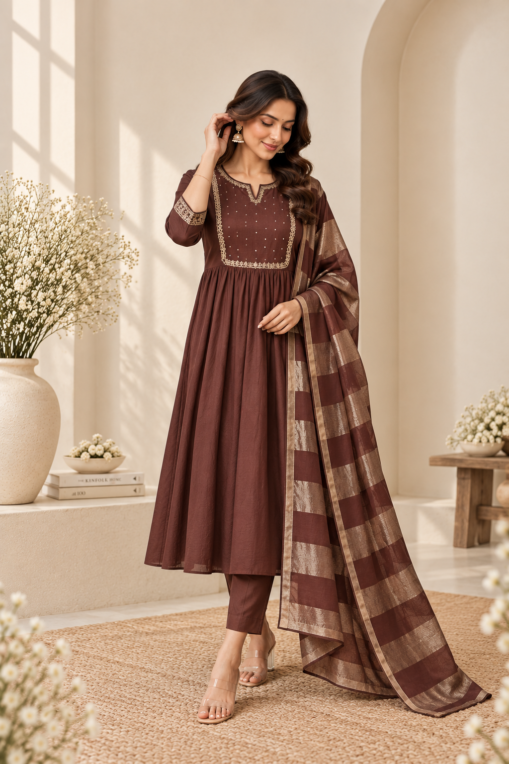 A woman models a three-piece Indian ethnic salwar kameez set in a warm, sunlit interior. The set features a deep brown long kurta with gold embroidery, matching brown trousers, and a brown and gold checkered dupatta.