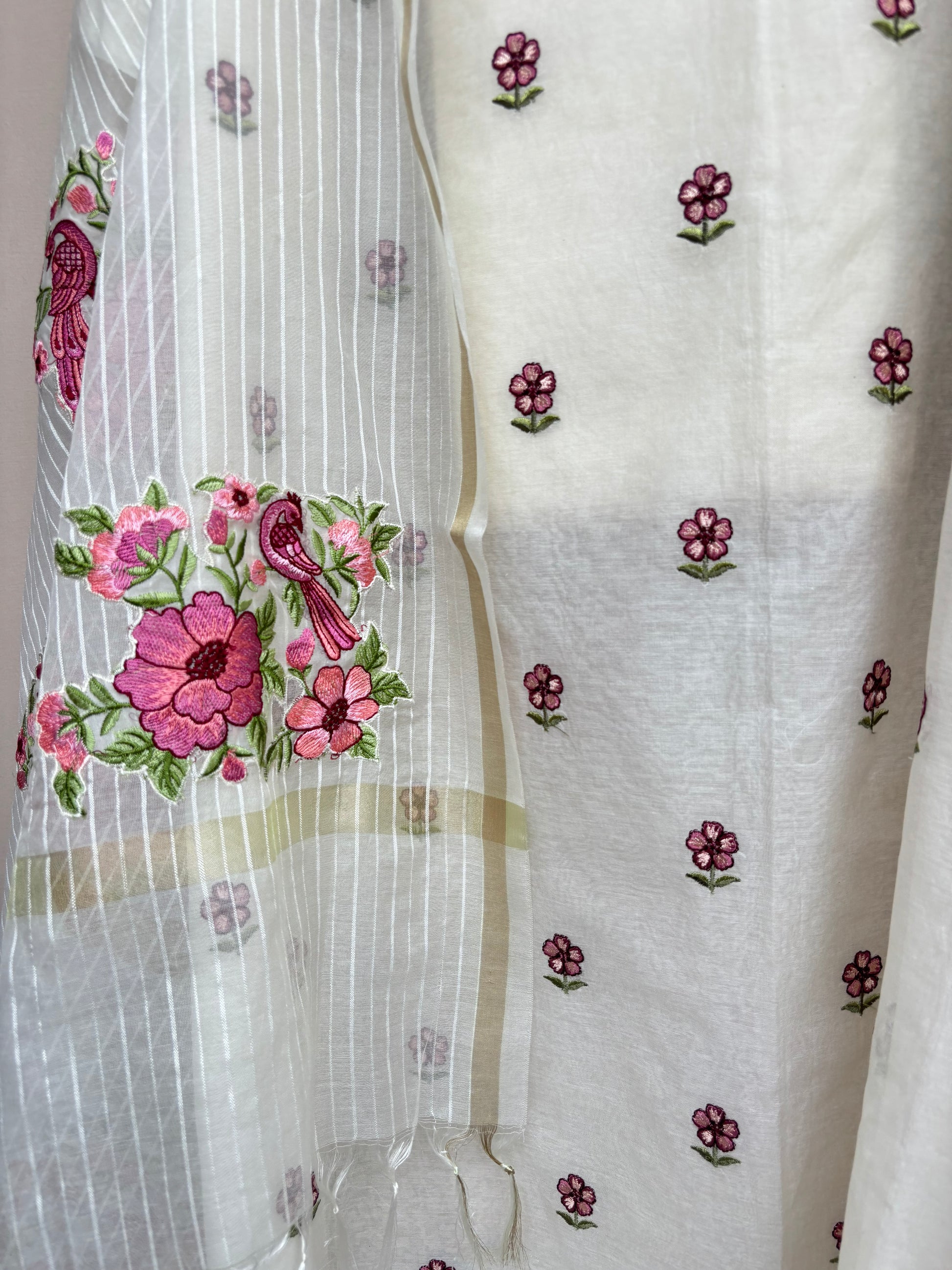 White Mulmul Chanderi with Floral Embroidery Suit