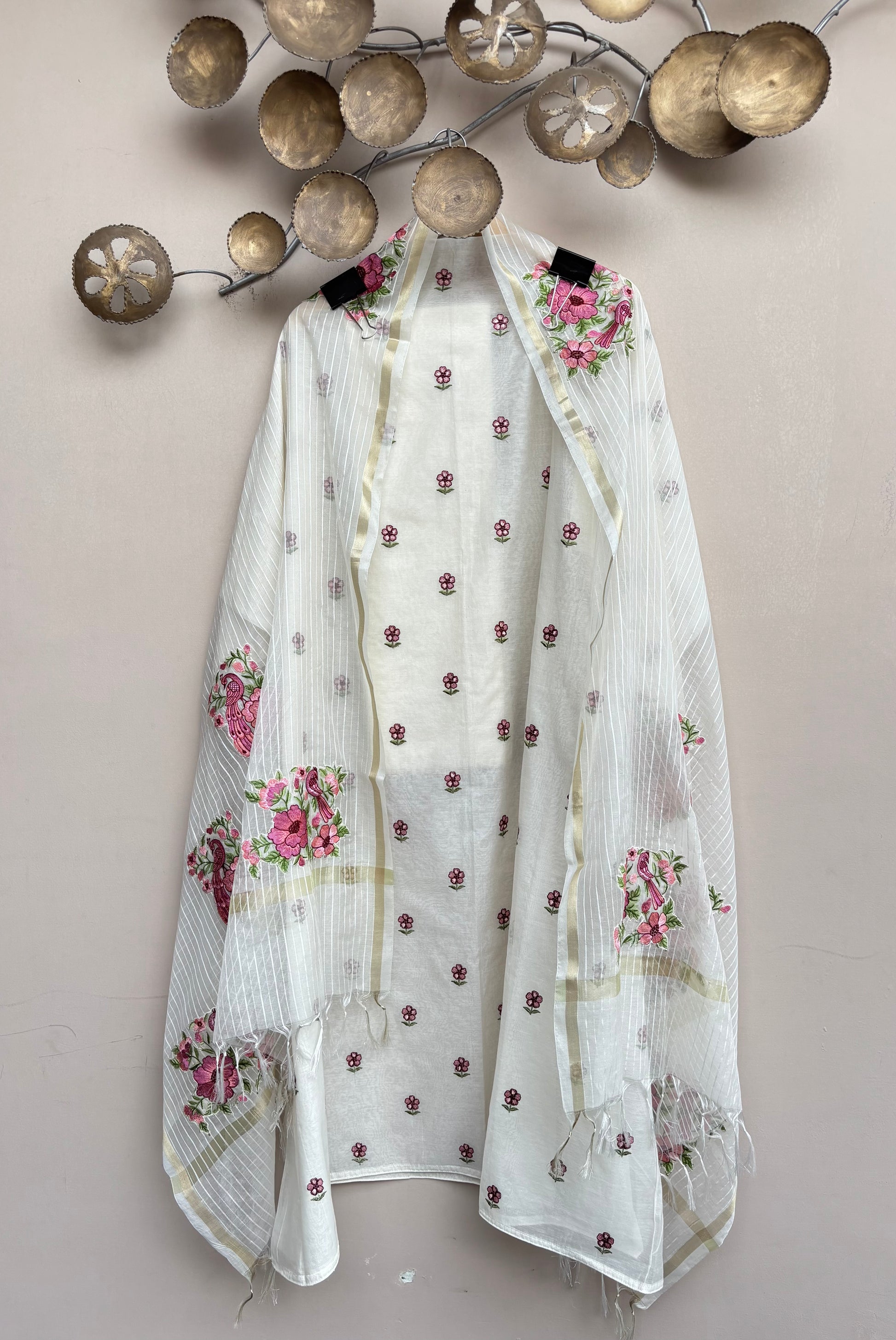 White Mulmul Chanderi with Floral Embroidery Suit