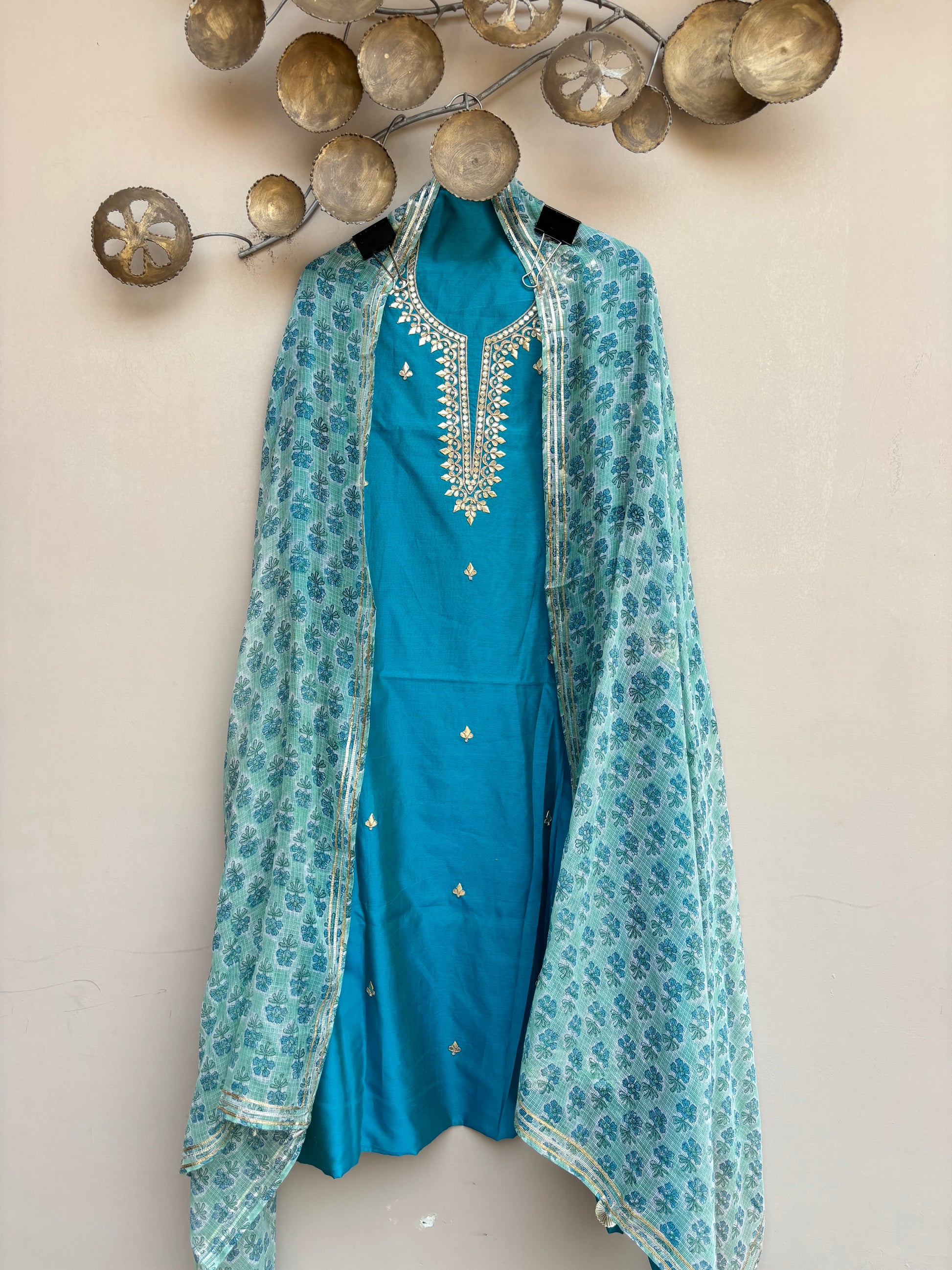 Sky Blue Pure Chanderi with Gota Patti ,Dori and Pearl Hand Embroidery Suit