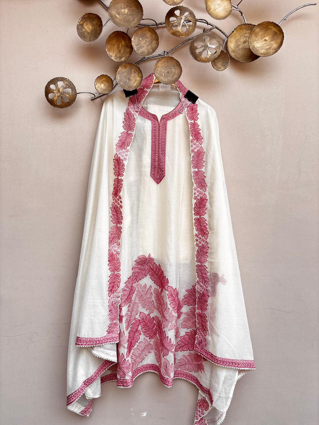 White Mulmul Chanderi suit with soft leaves patchwork embroidery