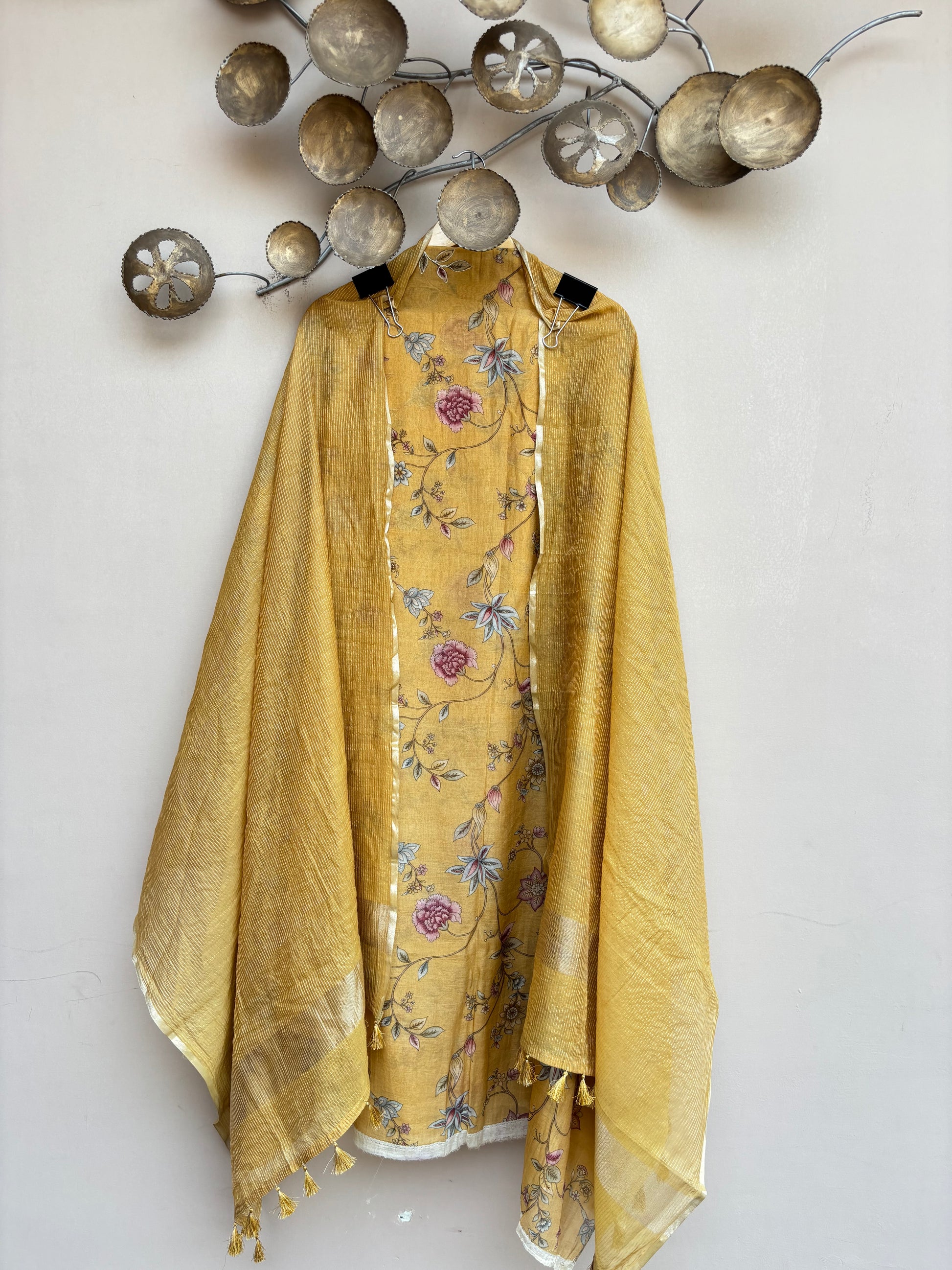 Floral Muslin stripes Unstitched suit with laces
