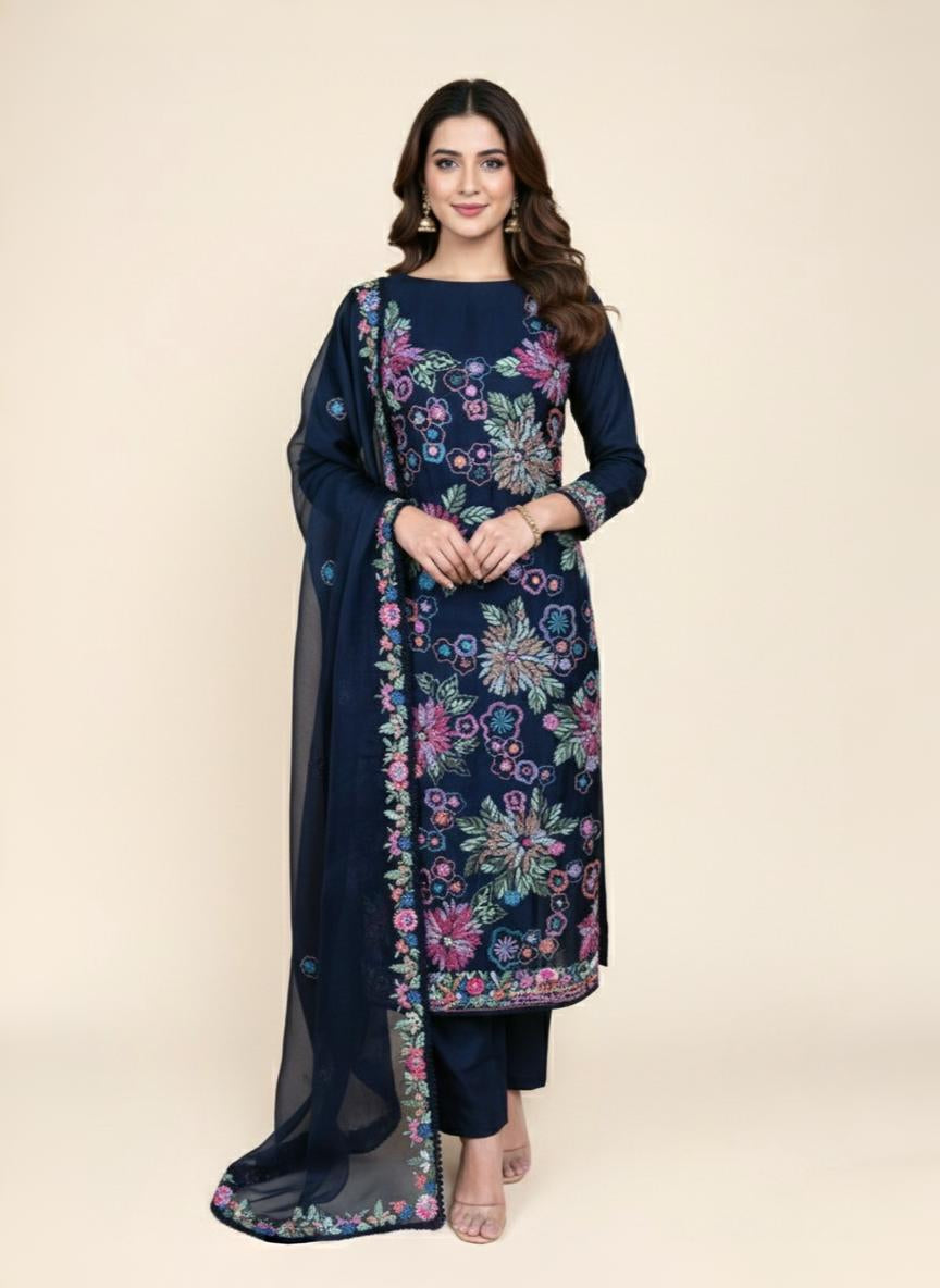 Pure Organza with Kantha Hand Embroidery Suit