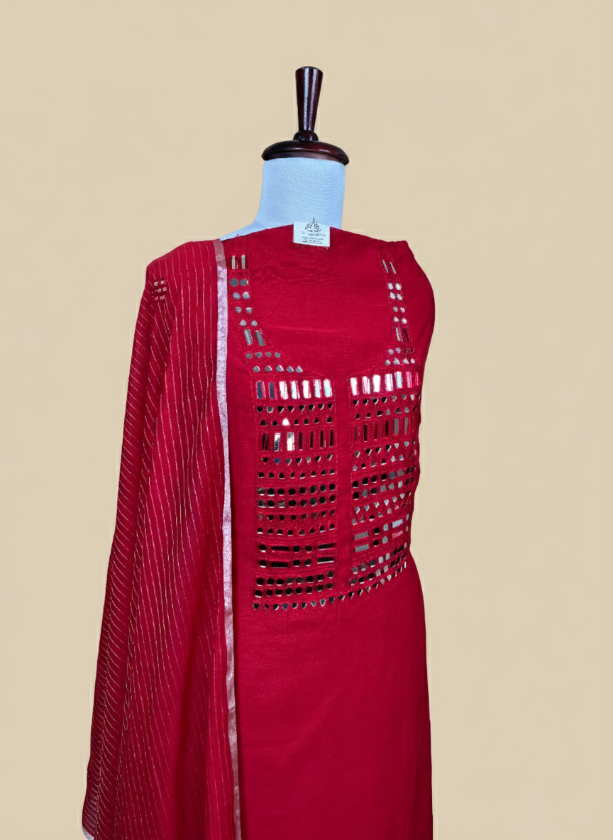 Pure Mulmul Chanderi Mirror and Thread Embroidery Suit Set