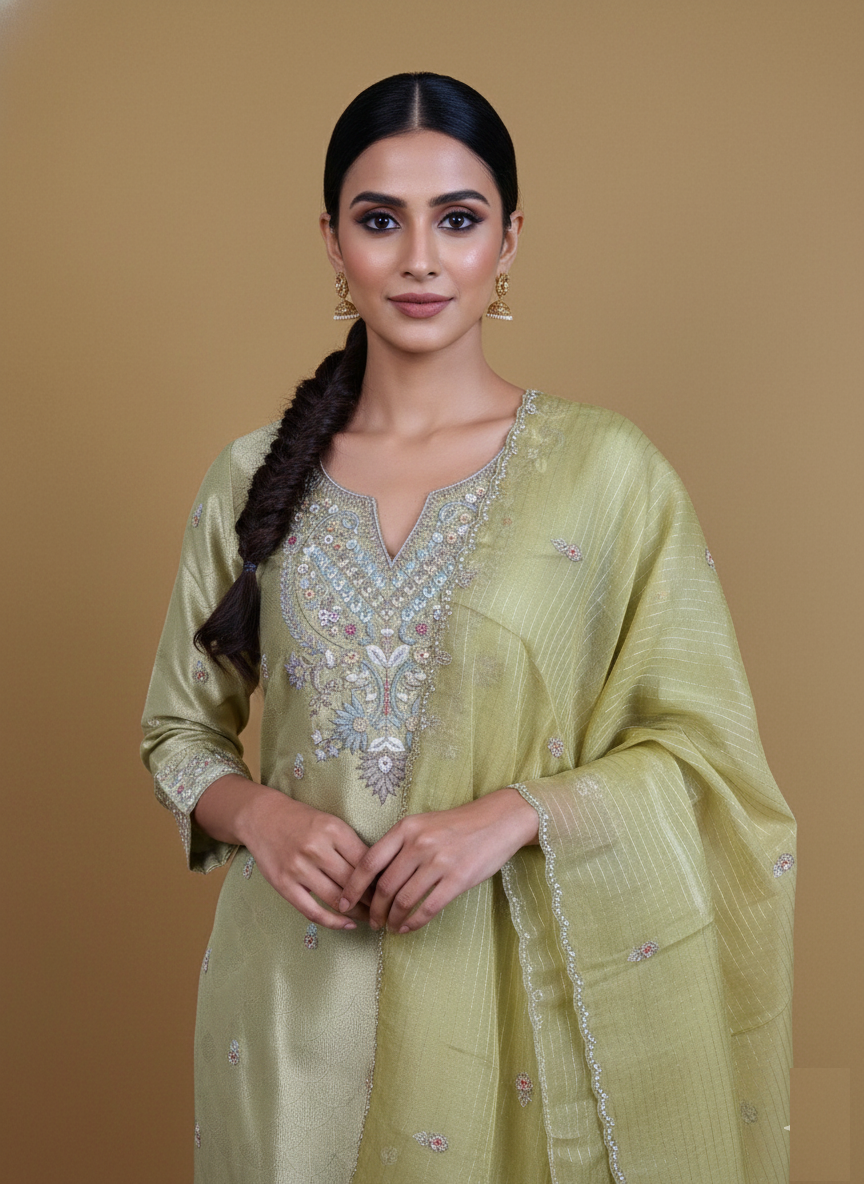 Pure Jacquard Tissue with Zardozi Frenchknot Embroidery Suit