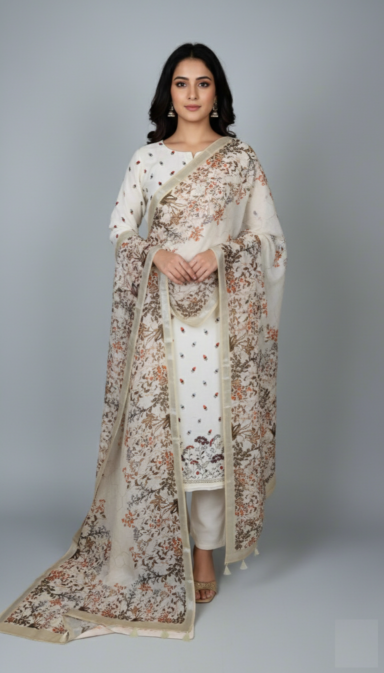 White Mulmul Chanderi Applique Floral Embroidery Suit