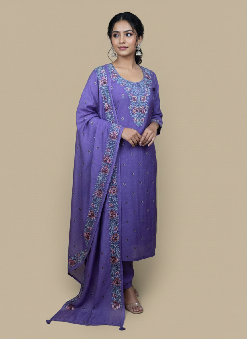 Pure Mulmul Chanderi Sequence work with thread Embroidery Suit