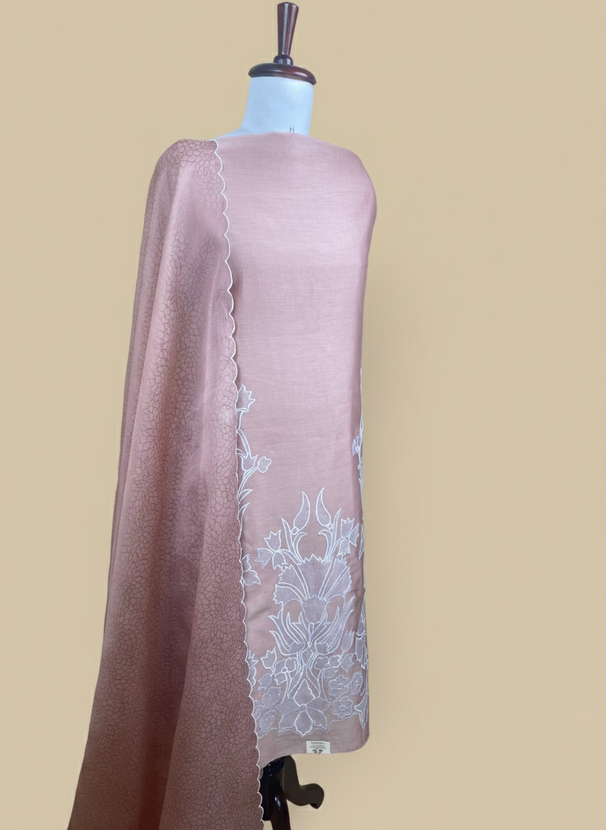 Beige Mulmul Chanderi Applique Floral Embroidery Suit