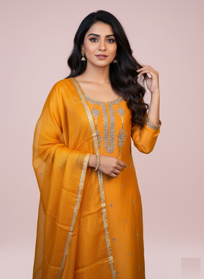 Orange Mulmul Chanderi Gotta Patti Suit with Kota Silk Dupatta