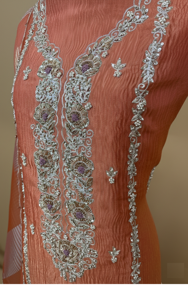 Bright Orange Pure Tissue with Zardozi Frenchknot Pearl Hand Embroidery Suit