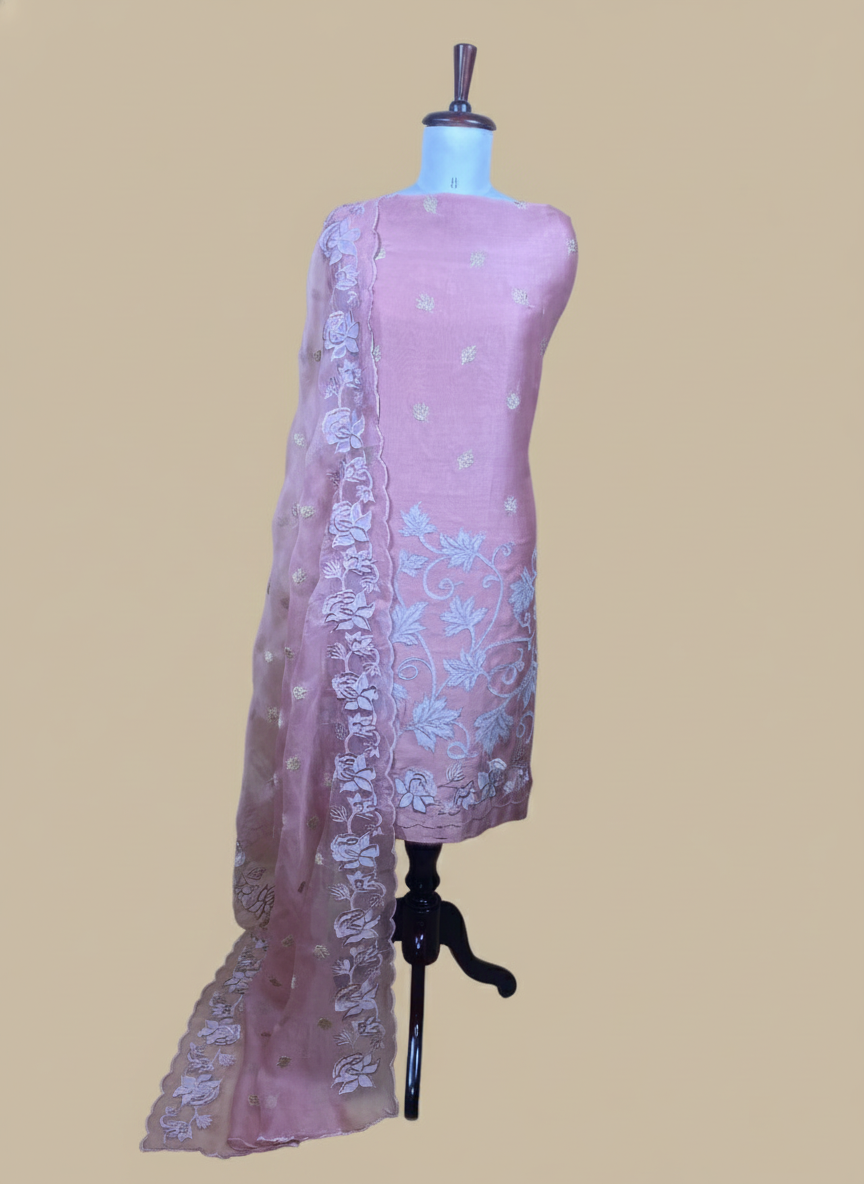 Peach Mulmul Chanderi Floral Applique Embroidery Suit With Dupatta