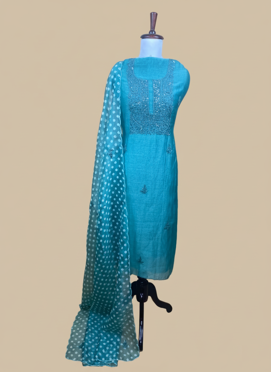 Mulmul Chanderi Thread Embroidery Suit Pearl Work on Dupatta