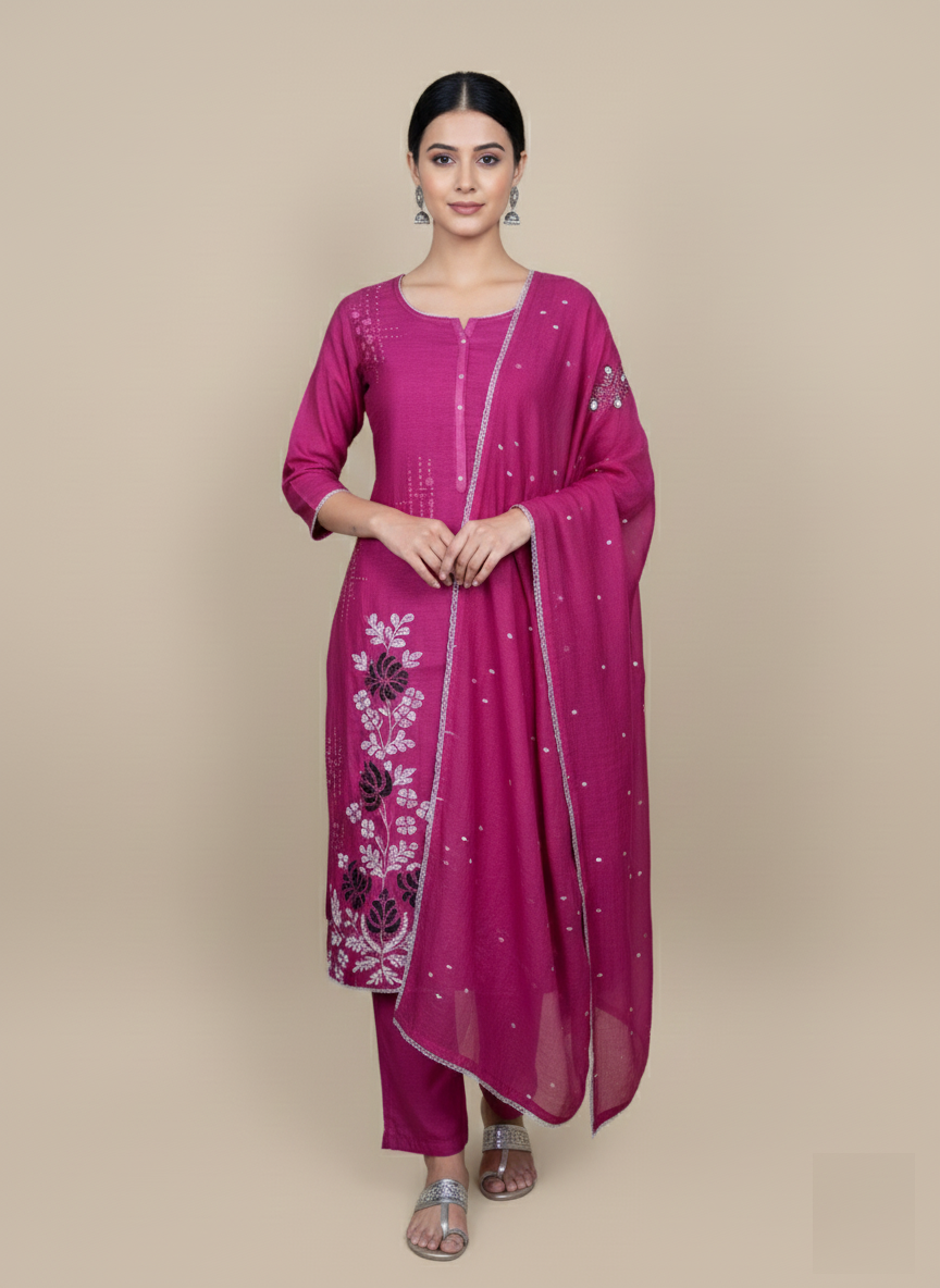 Magenta Mulmul Chanderi with Applique Thread Embroidery Suit