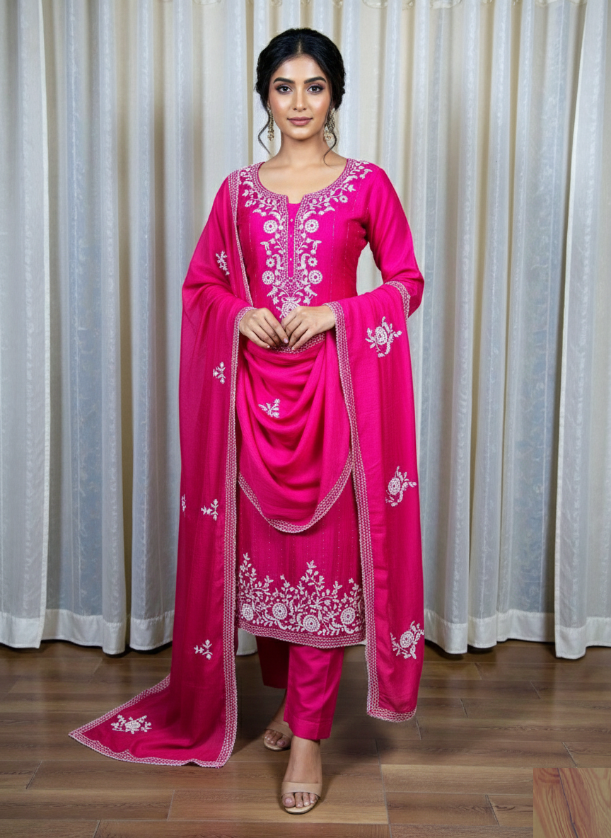 Pure Mulmul Chanderi Cross Stitch embroidery Suit with Dupatta