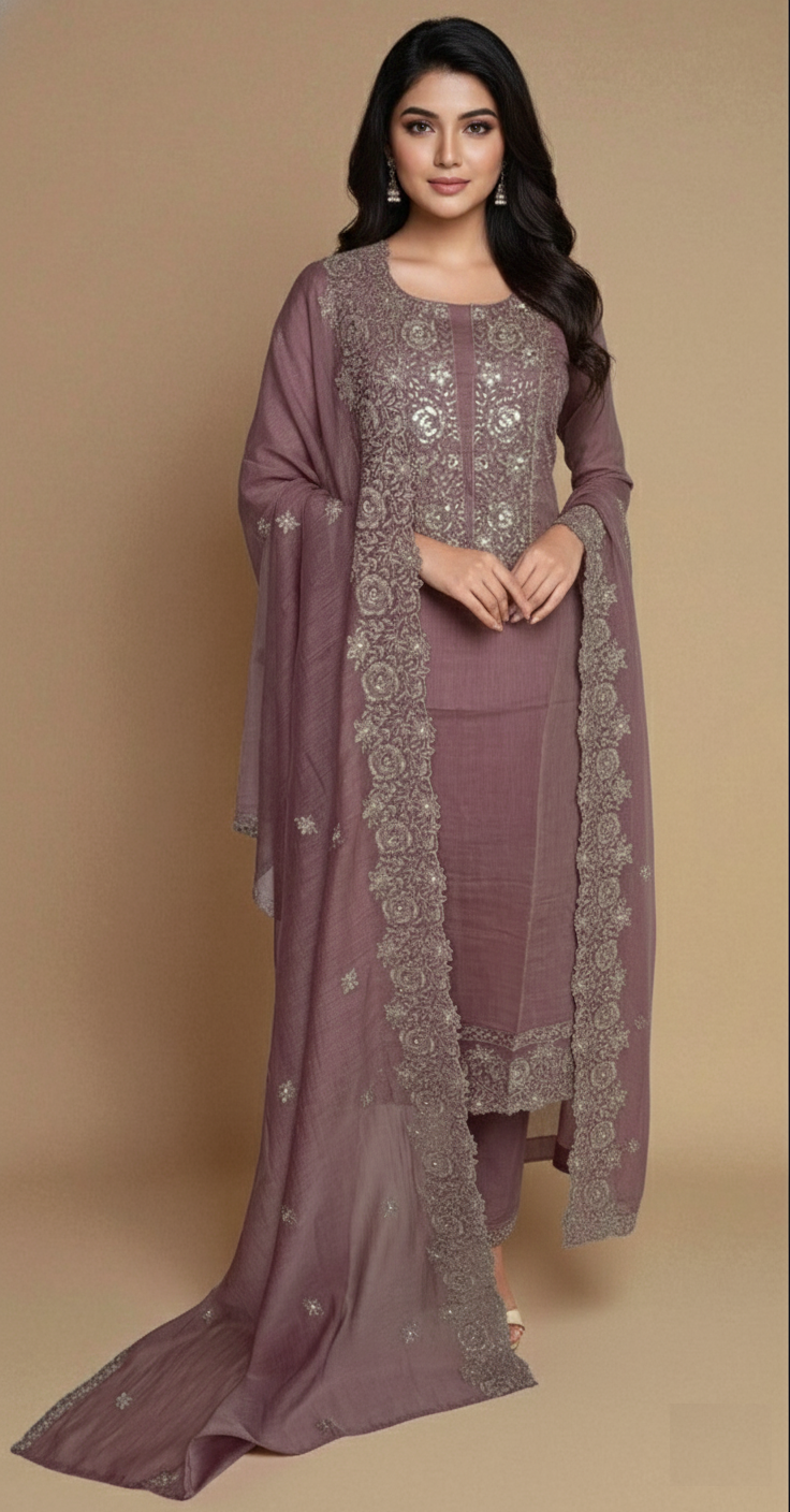 Pure Mulmul Chanderi Suit With Sequence Highlights Embroidery