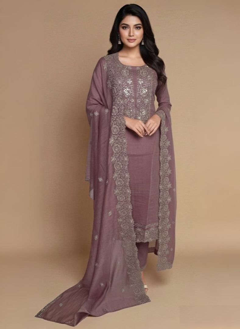 Pure Mulmul Chanderi Suit With Sequence Highlights Embroidery