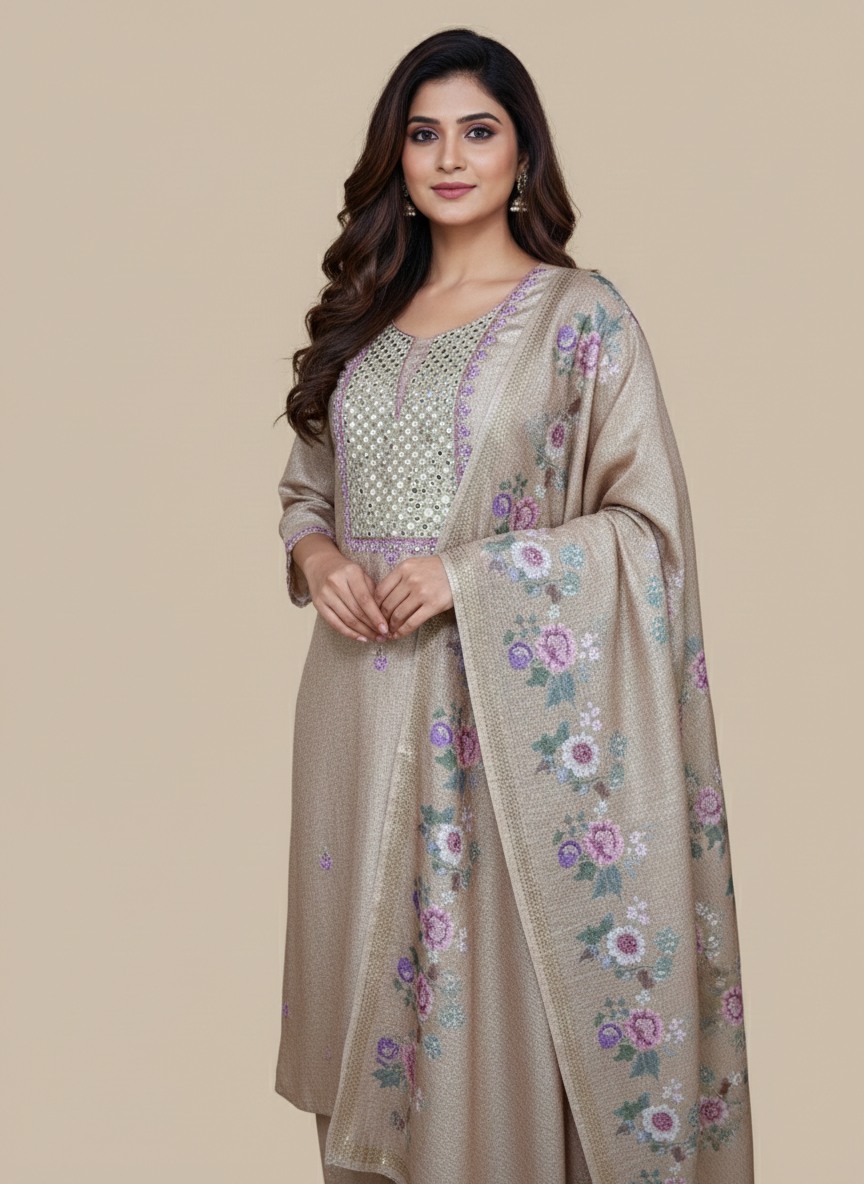 Chanderi Mirror thread Embroidery Suit