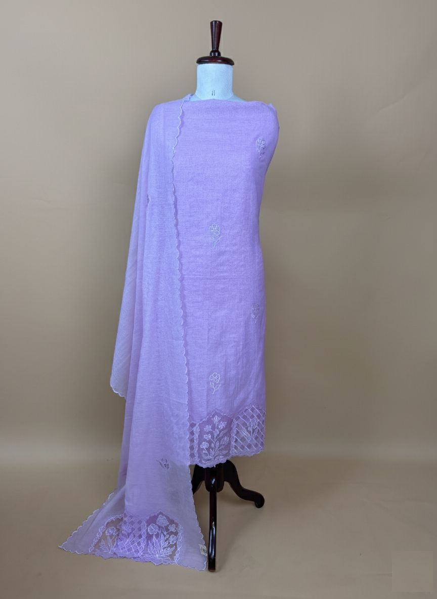 Lilac Mulmul Chanderi with Applique Thread Embroidery Suit