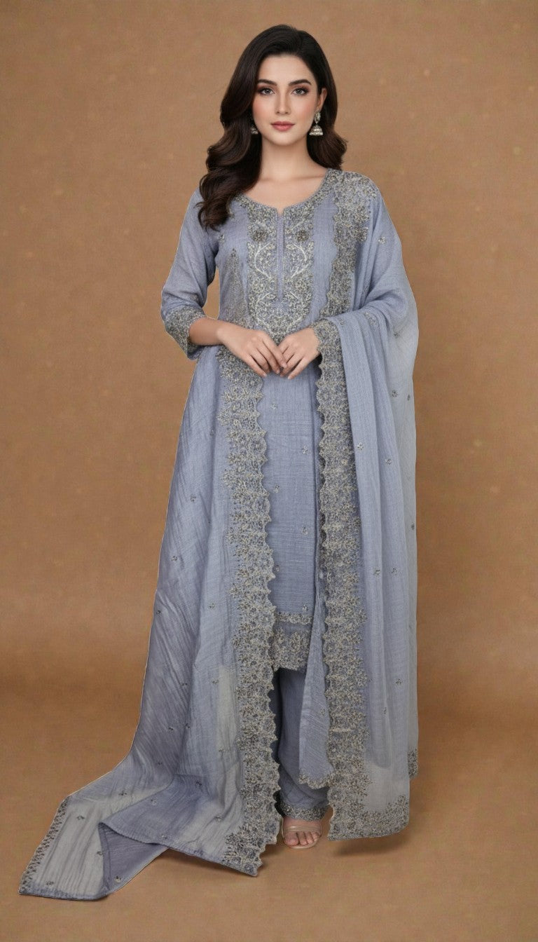 Pure Mulmul Chanderi Unstitched Suit With Sequence Highlights Embroidery