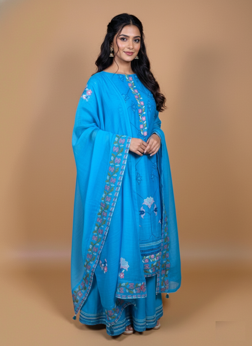 Mulmul Chanderi with Applique Pearl Highlights Embroidery Suit