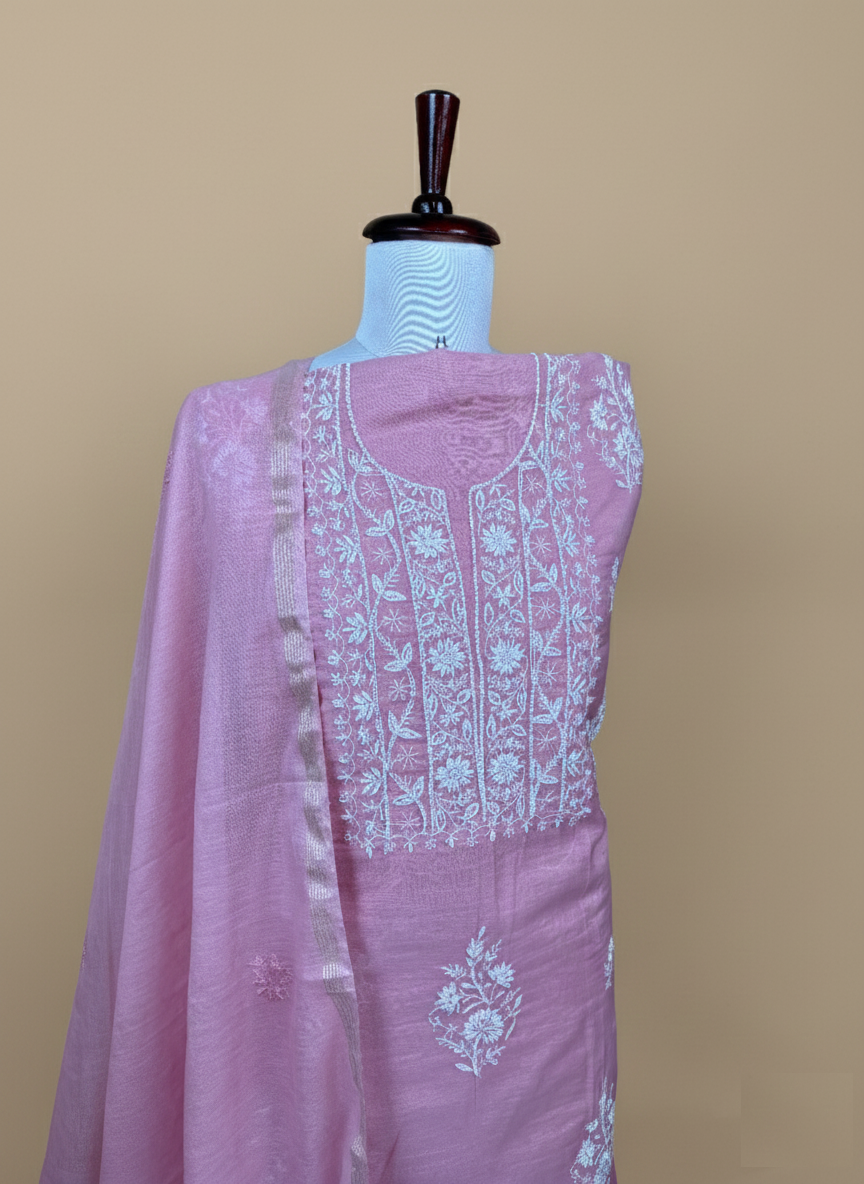 Pink Mulmul Luckhnavi with Pearl Sequence Highlight