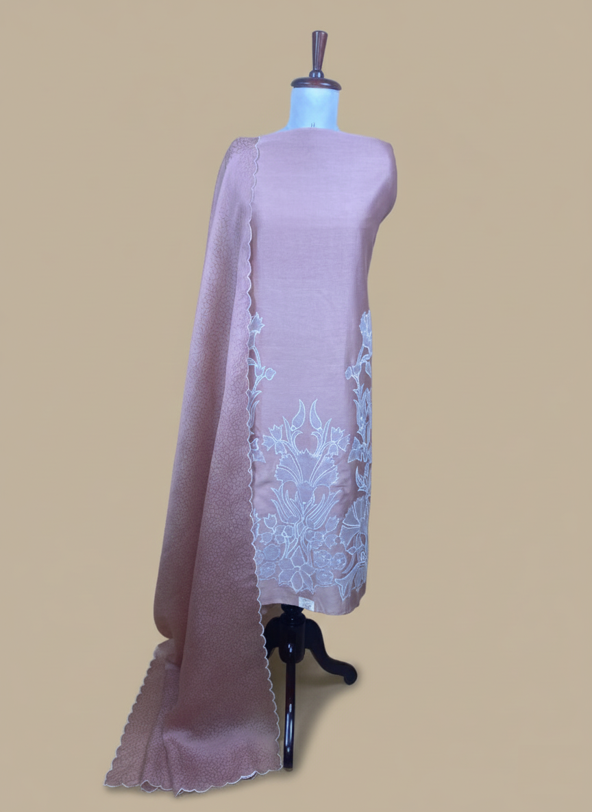 Beige Mulmul Chanderi Applique Floral Embroidery Suit