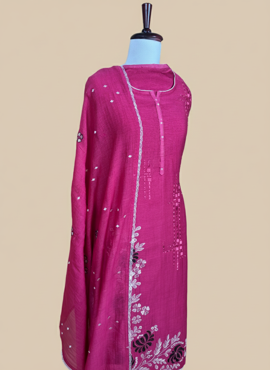 Magenta Mulmul Chanderi with Applique Thread Embroidery Suit
