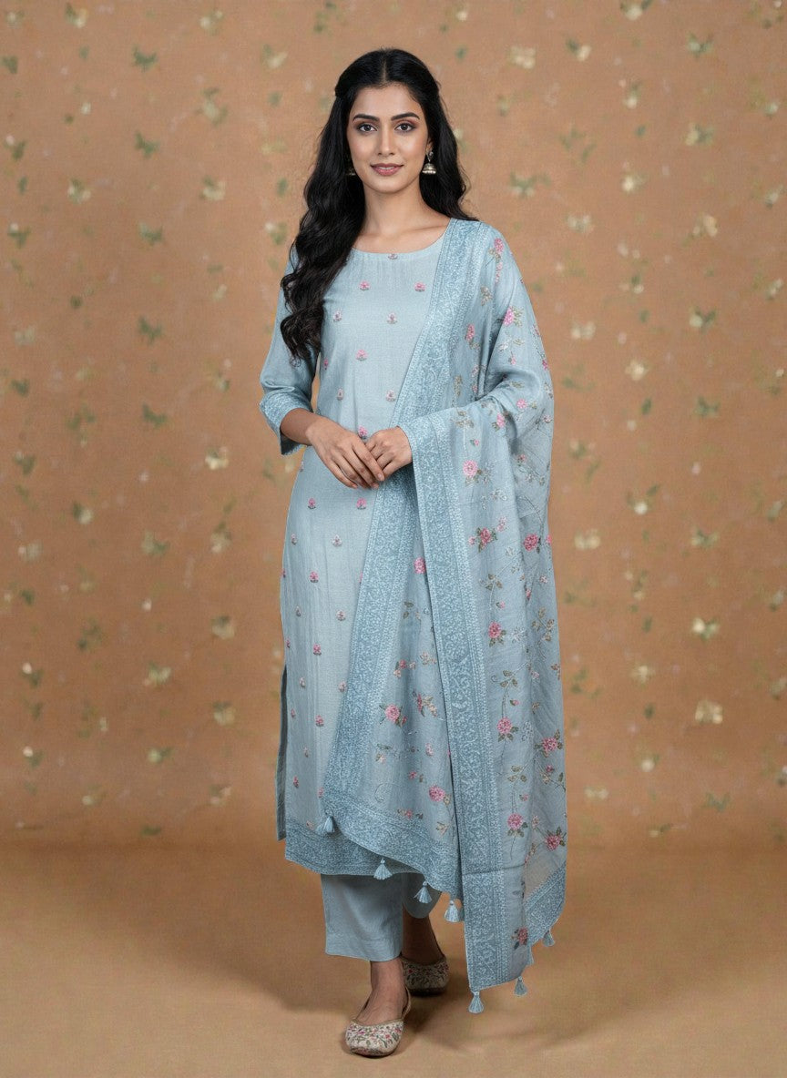 Mulmul Chanderi Cross stitched Embroidery Suit with Dupatta