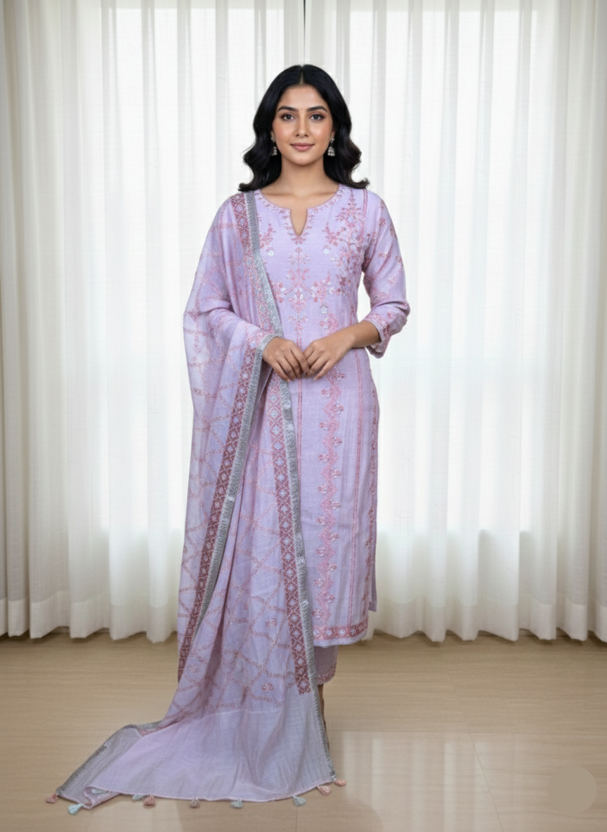 Pure Mulmul Chanderi Jaal Embroidery Suit with Dupatta