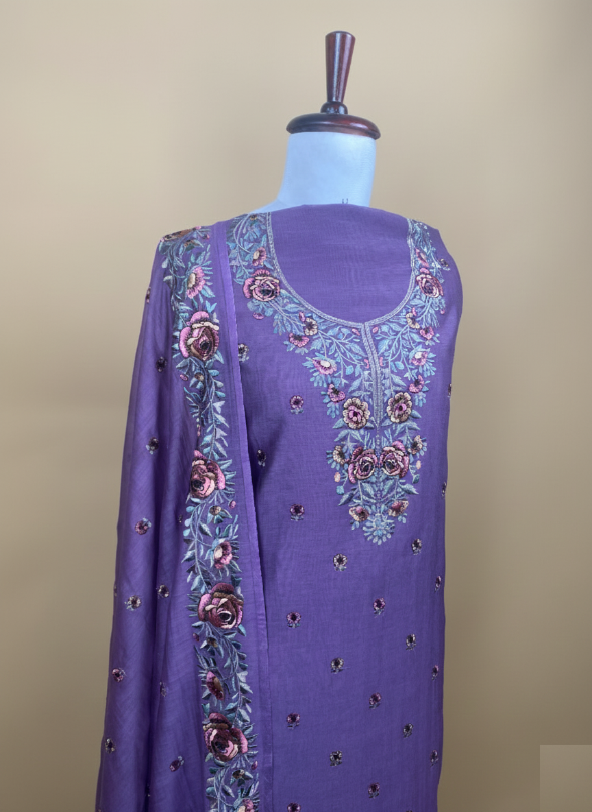 Pure Mulmul Chanderi Sequence work with thread Embroidery Suit