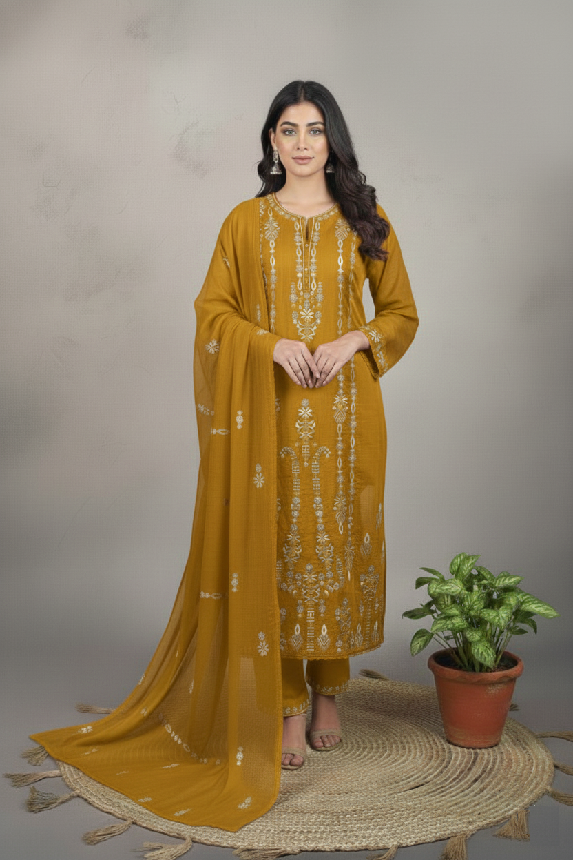 Mulmul Chandari Cross Stitched Thread Embroidery Suit with Dupatta